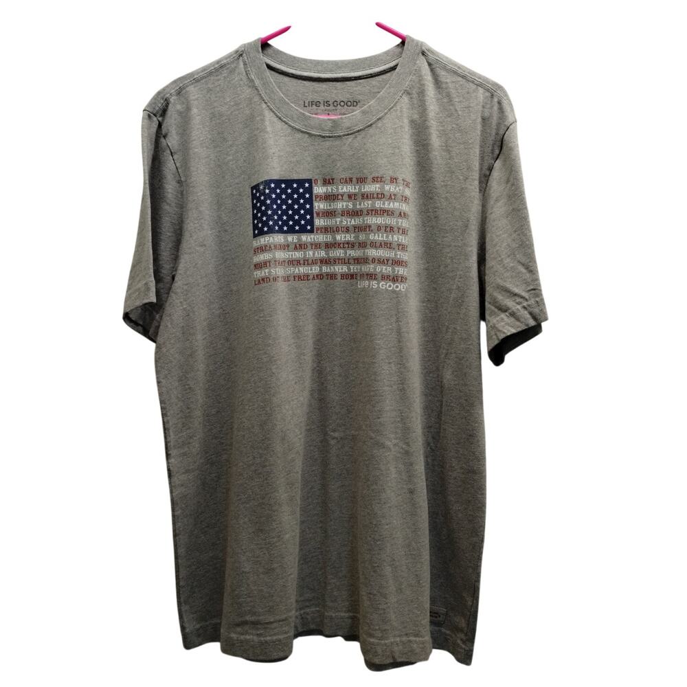 Life is Good Men's Size Large Crusher Tee Gray American Flag USA Anthem T-Shirt